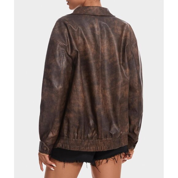 ⚡Women's Brown Faux Leather Long Sleeve Zipper Oversized Motorcycle Jackets - Picture 4 of 6